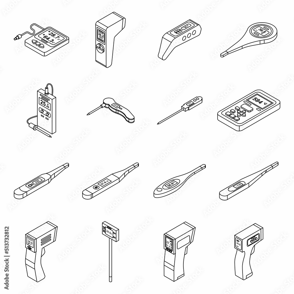 Digital thermometer icons set. Isometric set of digital thermometer vector icons thin line outline on white isolated Digital thermometer icons set. Isometric set of digital thermometer vector icons thin line outline on white isolated