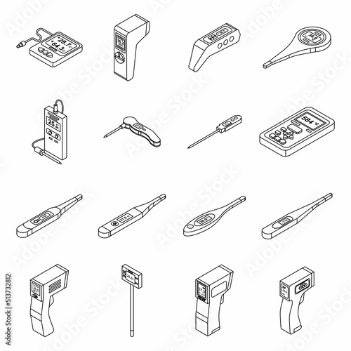 Digital thermometer icons set. Isometric set of digital thermometer vector icons thin line outline on white isolated