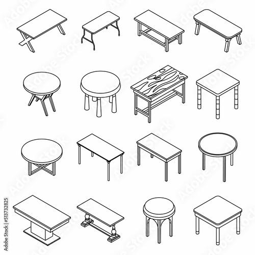 Table icons set. Isometric set of table vector icons thin line outline on white isolated