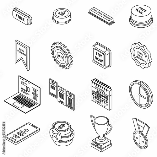 Free trial version icons set. Isometric set of free trial version vector icons thin line outline on white isolated