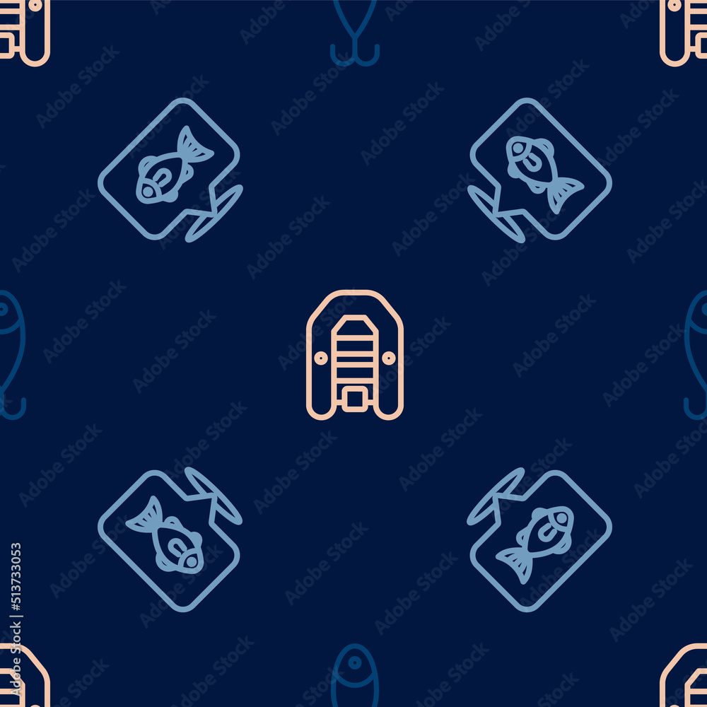 Set line Fishing lure, Location fishing and Inflatable boat with motor on seamless pattern. Vector