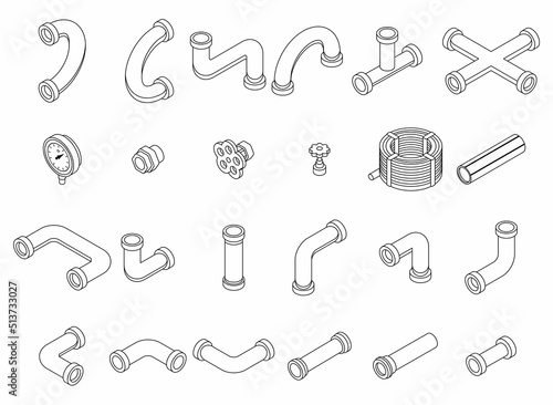 Pipe icons set. Isometric set of pipe vector icons thin line outline on white isolated