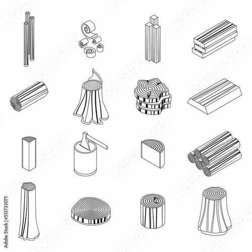 Trunk tree icons set. Isometric set of trunk tree vector icons thin line outline on white isolated