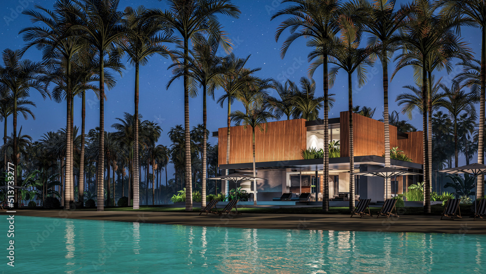 3d rendering of modern cozy house with parking and pool for sale or rent with wood plank facade by the sea or ocean. Starlight night by the azure coast with palm trees and flowers in tropical island