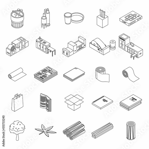 Paper production icons set. Isometric set of paper production vector icons thin line outline on white isolated