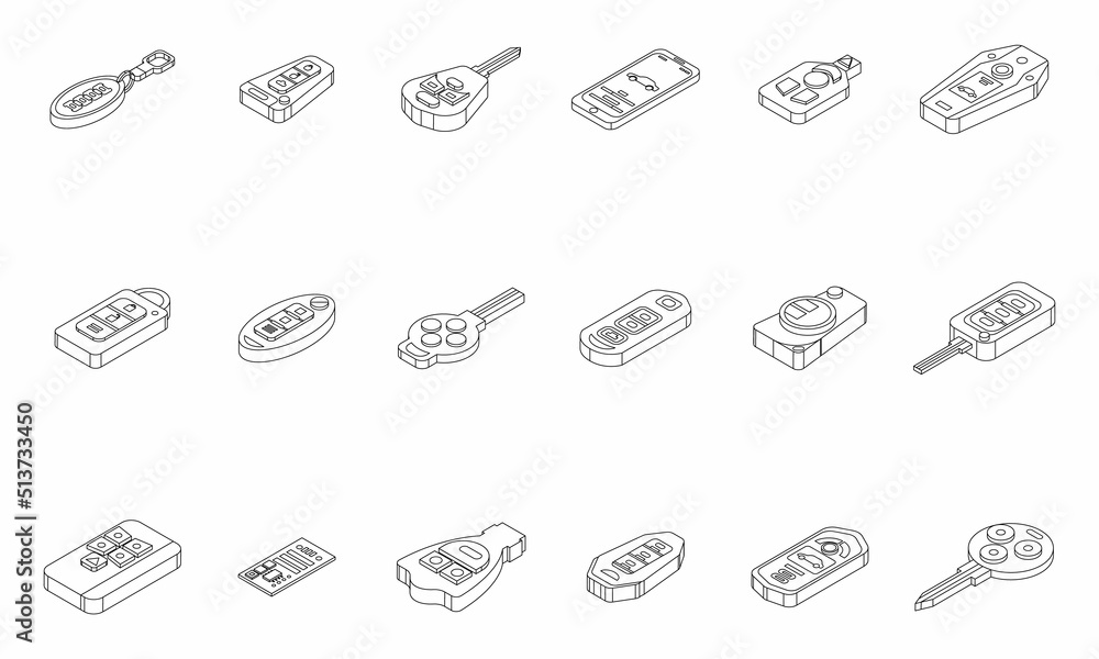 Smart car key icons set. Isometric set of smart car key vector icons thin line outline on white isolated Smart car key icons set. Isometric set of smart car key vector icons thin line outline on white isolated
