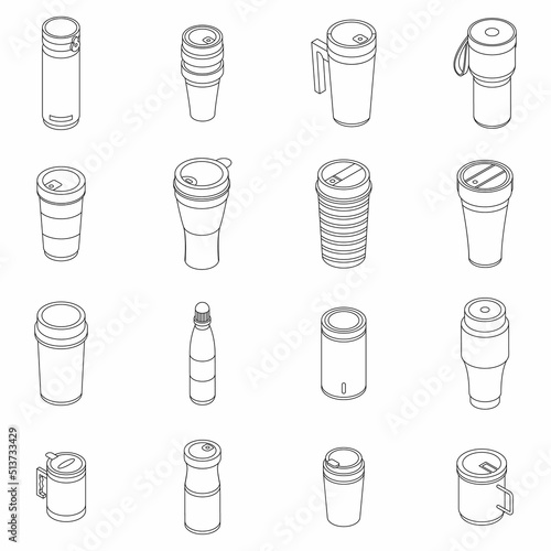 Thermo cup icons set. Isometric set of thermo cup vector icons thin line outline on white isolated
