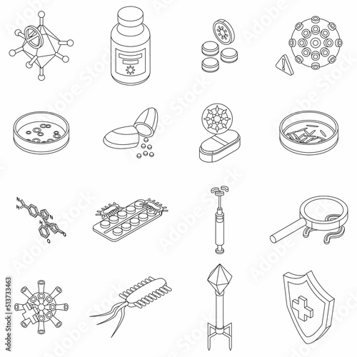 Antibiotic resistance icons set. Isometric set of antibiotic resistance vector icons thin line outline on white isolated