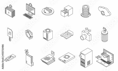 Backups icons set. Isometric set of backups vector icons thin line outline on white isolated
