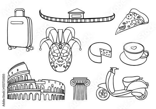 set vector symbols of Italy, sketch travel and tourism concept