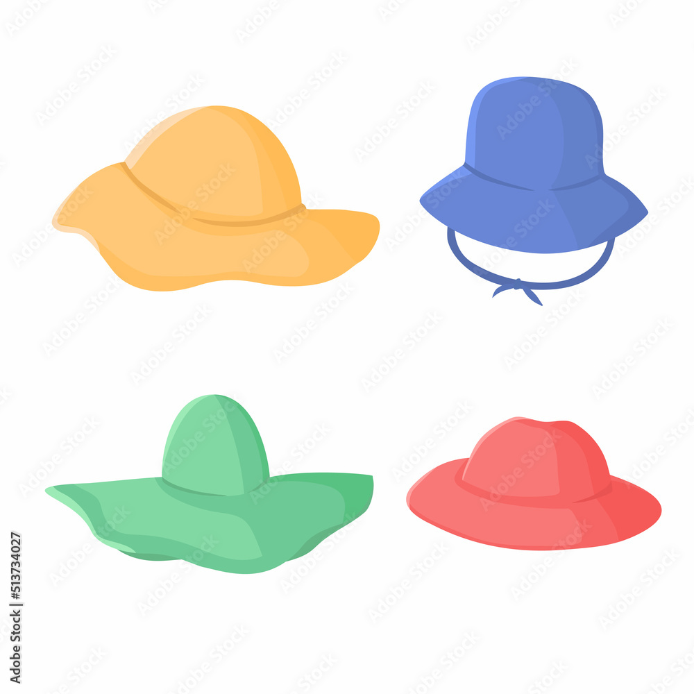 Set of colorful hats of different retro style. Collection of cute hats. Isolated vector illustration. Set of colorful hats of different retro style. Collection of cute hats. Isolated vector illustration.