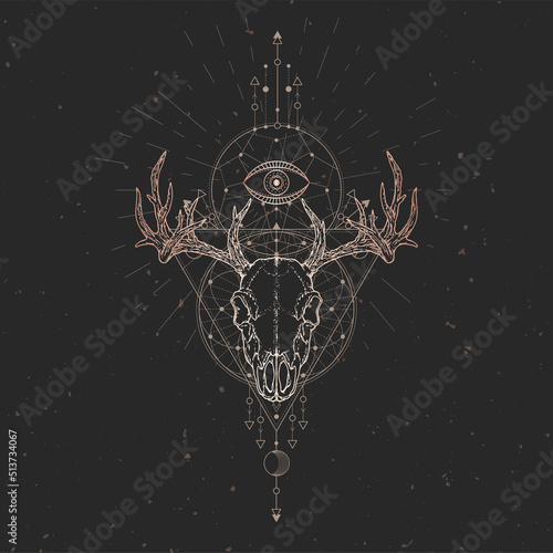 Vector illustration with hand drawn Deer skull and Sacred geometric symbol on black vintage background. Abstract mystic sign.
