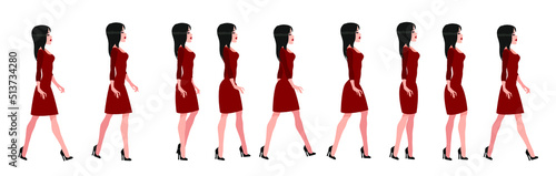 Beautiful girl in a dress on heels. A full cycle of walking animation. 
