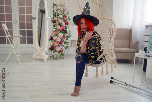 woman with red hair leg amputation witch halloween 