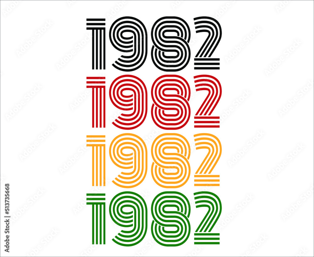 Year 1982 retro font. Vector with year for birthday in black, red, orange and green. Year 1982 retro font. Vector with year for birthday in black, red, orange and green.