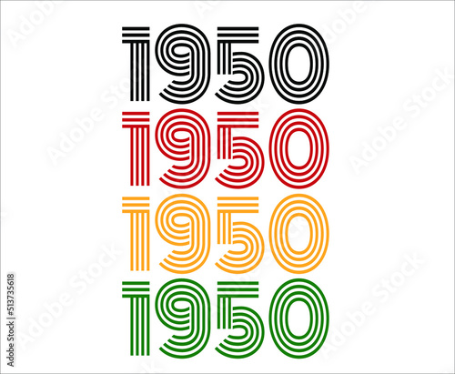 Year 1950 retro font. Vector with year for birthday in black, red, orange and green.