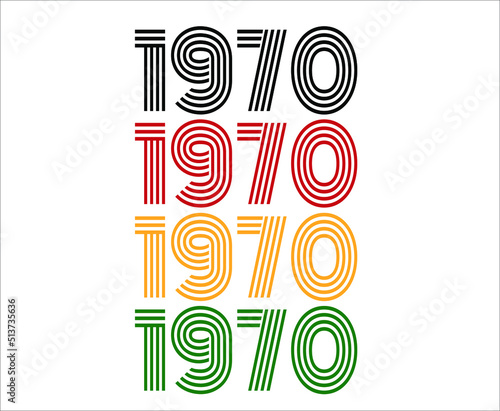 Year 1970 retro font. Vector with year for birthday in black, red, orange and green.