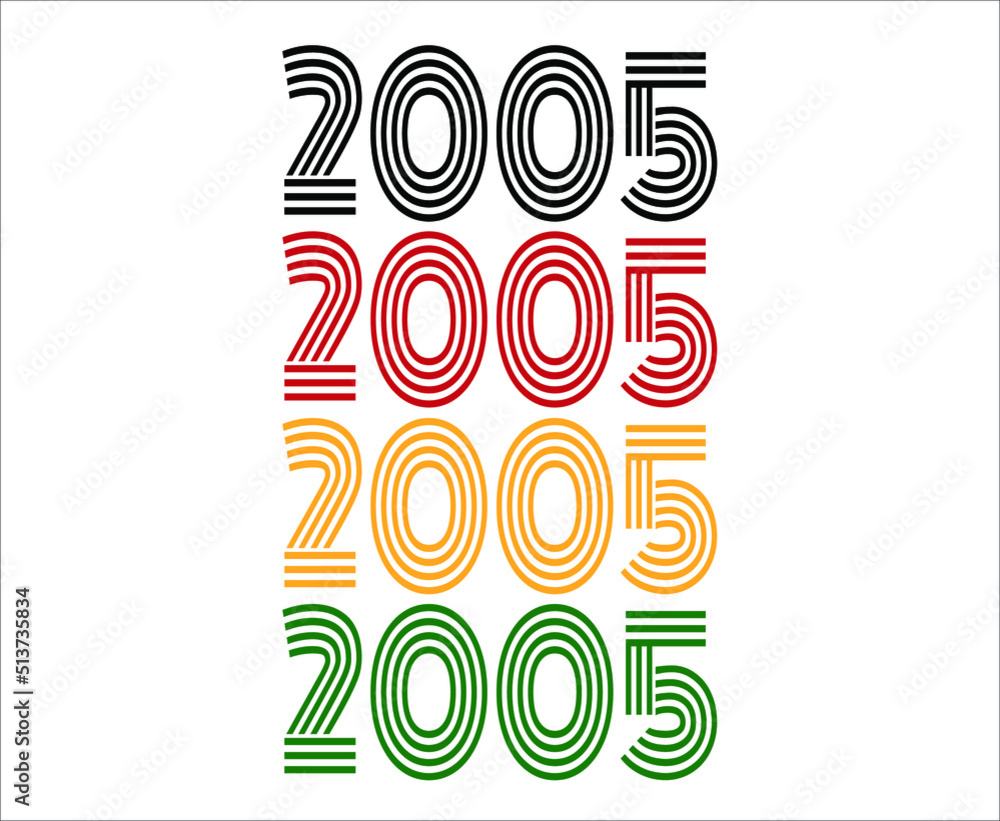 Year 2005 retro font. Vector with year for birthday in black, red, orange and green. Year 2005 retro font. Vector with year for birthday in black, red, orange and green.