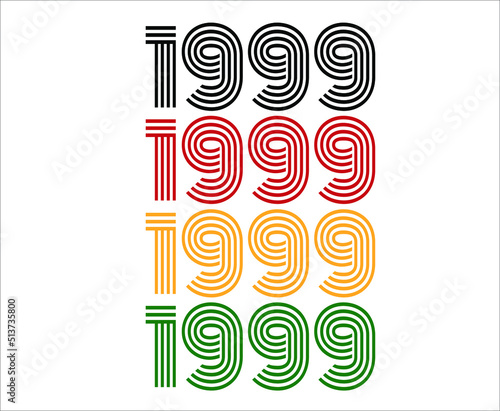 Year 1999 retro font. Vector with year for birthday in black, red, orange and green.