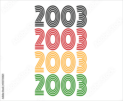 Year 2003 retro font. Vector with year for birthday in black, red, orange and green.