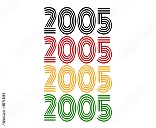 Year 2005 retro font. Vector with year for birthday in black, red, orange and green.