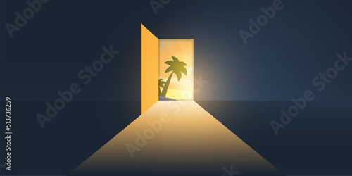 Let's Go Outside, Find the Paradise in Life - Dark Room, Light Coming In Through an Open Door - New Possibilities, Hope, Overcome Problems, Solution Finding Concept, Background or Design Template