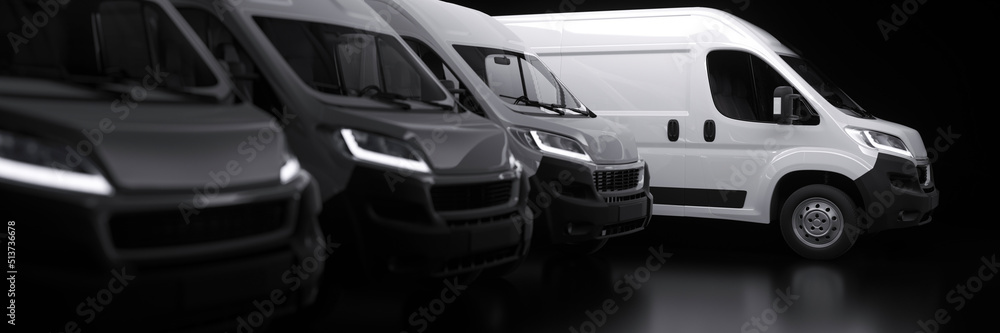 Generic row of new vans in a parking bay ready for purchase 3d render