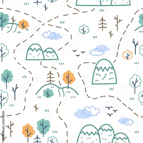 seamless children's pattern mountains and woodland trees clouds on white background nursery decor in scandinavian style