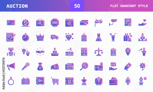 Auction icons set with flat gradient style. Icon hammer, price, bidding, judge, painting, deal and more. Can be used for digital product, presentation, print design and more.