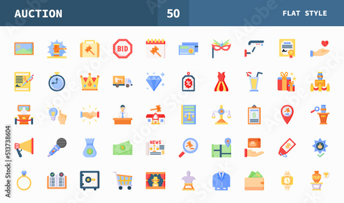 Auction icons set with flat color style. Icon hammer, price, bidding, judge, painting, deal and more. Can be used for digital product, presentation, print design and more.