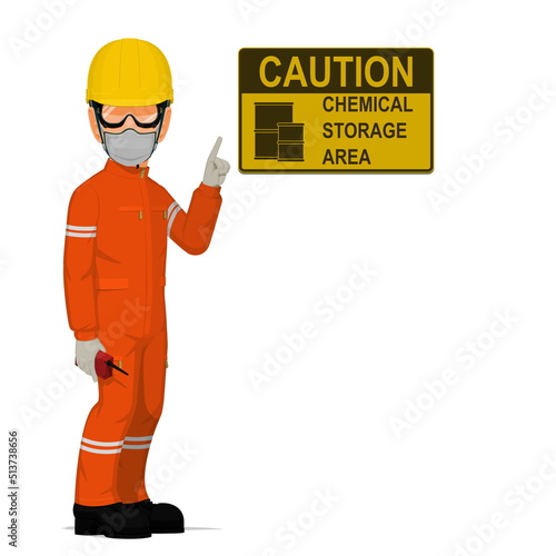 An industrial worker with chemical PPE on white background