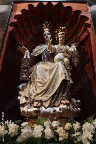 Icod de los Vinos, Tenerife, Spain, April 25, 2022: Sculpture of the Virgin Mary with the baby Jesus in the church of San Marcos Evangelista in Icod de los Vinos, Tenerife. Spain