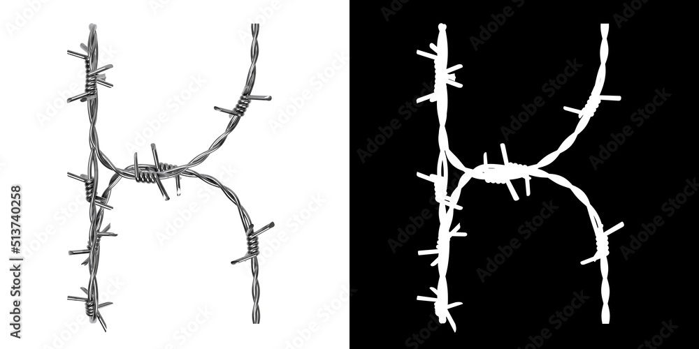 Fototapeta premium Letter K made of twisted metal barbed wire, isolated on white with clipping mask, 3d rendering
