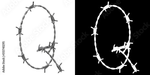 Letter Q made of twisted metal barbed wire, isolated on white with clipping mask, 3d rendering