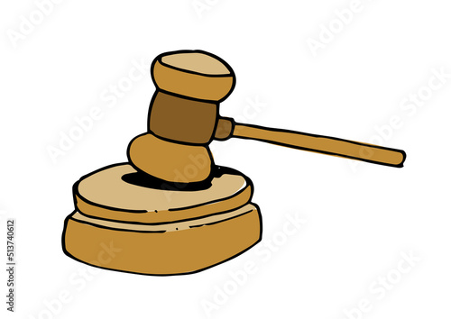 Wooden Judge's hammer, isolated object. Colorful hand drawn cartoon style vector illustration on white background.