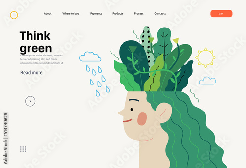 Ecology - Think green -Modern flat vector concept illustration of a young woman's head planted with trees and flowers, a metaphor of sustainable thinking. Creative landing web page template