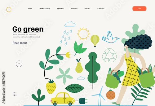 Ecology - Sustainable thinking -Modern flat vector concept illustration, woman with eco bags, electric car, sustainable transport, solar and wind energy, plants. Creative landing web page template