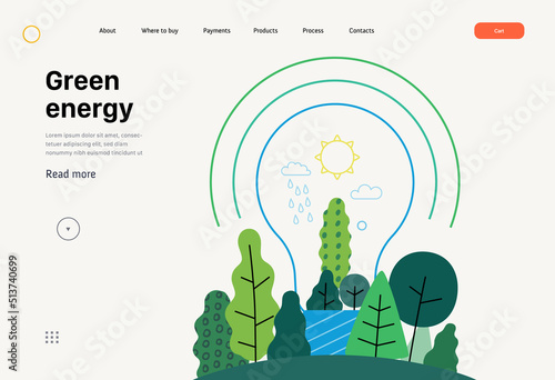 Ecology - Green energy -Modern flat vector concept illustration of electric light bulb filled with trees and plants. a metaphor of sustainable renewable energy. Creative landing web page template