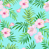 Tropical vector seamless background. Jungle pattern with exotic flowers and palm leaves. Stock vector. Summer vector vintage wallpaper.	

