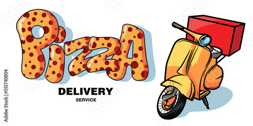 Billboard in the form of a scooter and the inscription to the right Pizza delivery service. Isolated on white background