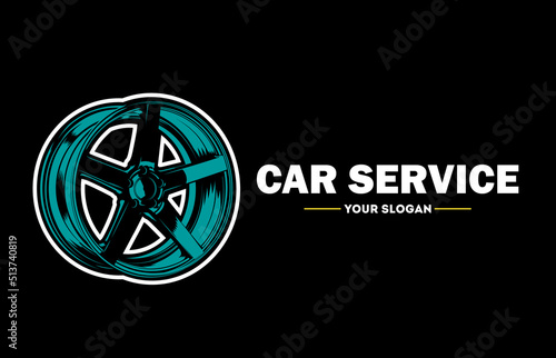 Car disk for tuning and the inscription to the right car service. Billboard for auto tuning or auto parts store. Isolated on a black background.