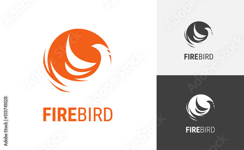 Circle emblem with silhouette of soaring red Firebird with open wings and monochrome versions