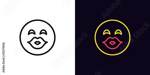 Outline kiss emoji icon, with editable stroke. Love emoticon with kissing lips and squinting eyes, kissing face pictogram. Passionate emoji with lips