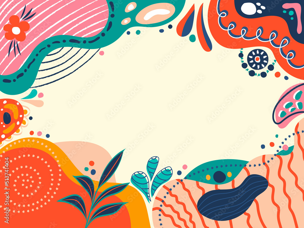 Flat abstract floral doodle background. Flower, leaves, Texture and shape elements. Nature inspired color palette vector illustration background template. Decorative colorful Horizontal banner design Flat abstract floral doodle background. Flower, leaves, Texture and shape elements. Nature inspired color palette vector illustration background template. Decorative colorful Horizontal banner design