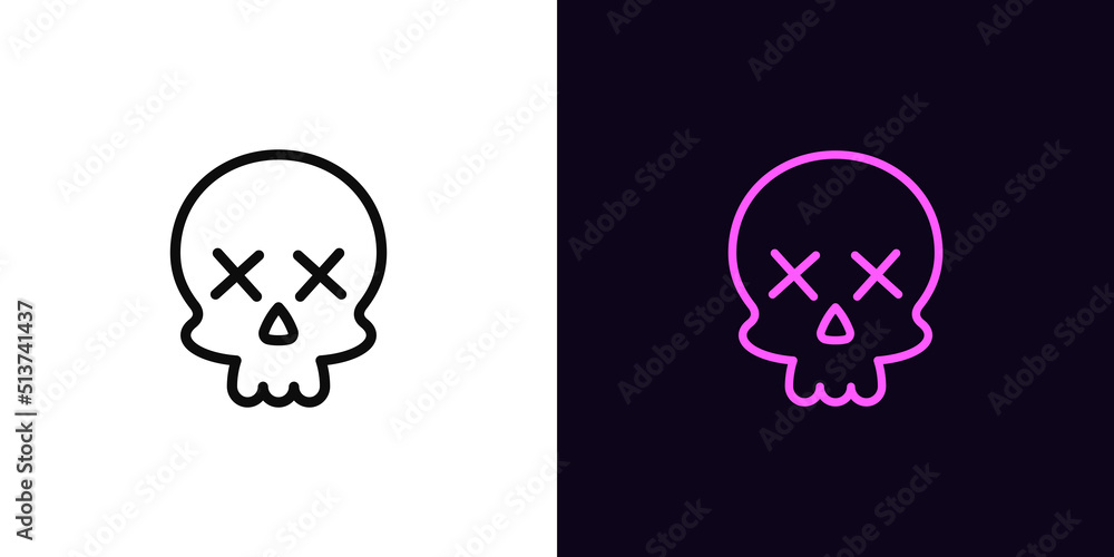 Outline skull emoji icon, with editable stroke. Skull emoticon silhouette with dead x eyes, skeleton head pictogram. Skull face