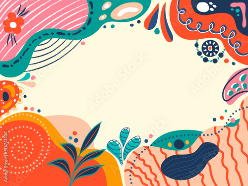 Flat abstract floral doodle background. Flower, leaves, Texture and shape elements. Nature inspired color palette vector illustration background template. Decorative colorful Horizontal banner design