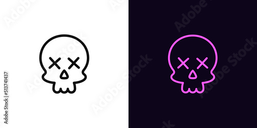 Outline skull emoji icon, with editable stroke. Skull emoticon silhouette with dead x eyes, skeleton head pictogram. Skull face