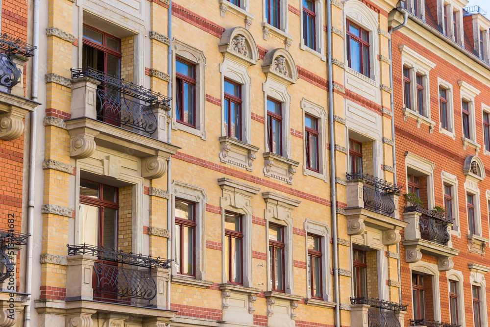 Balconies on historic houses in the center of Dresden, Germany