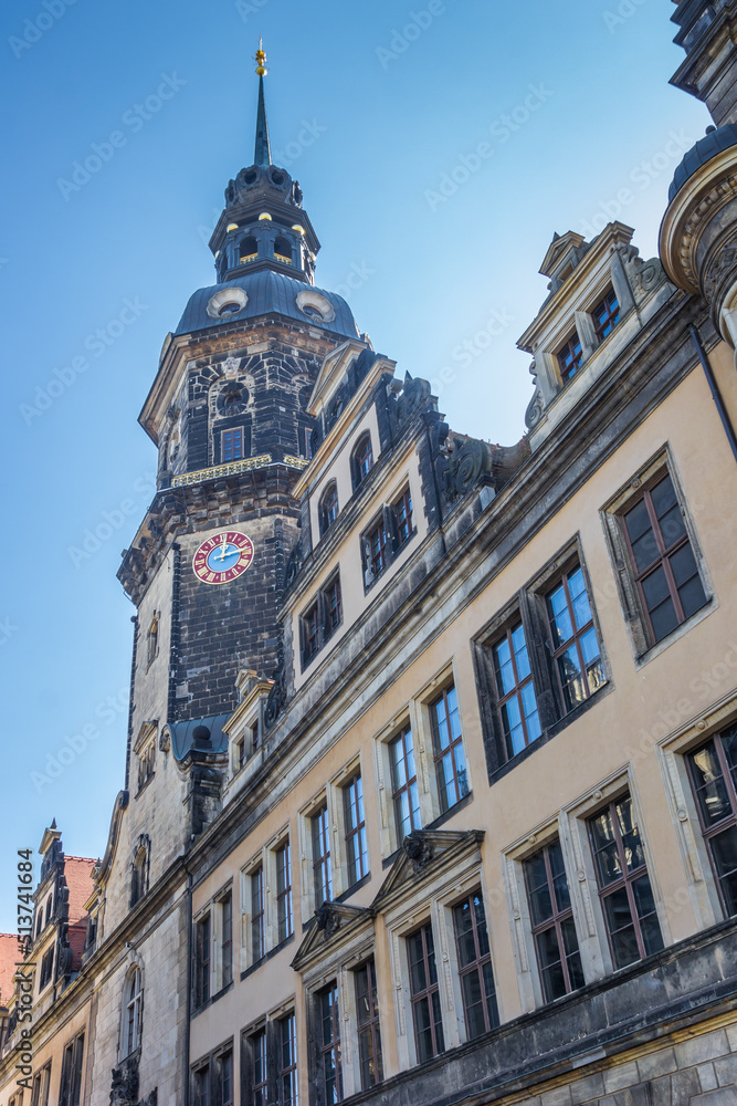 Historic Hausmannsturm tower and old houses in Dresden, Germany