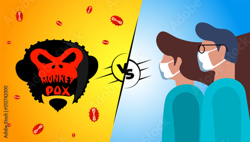 New pandemic monkeypox virus versus medical stuff. Battle of doctors vs monkey pox disease outbreak infection. MPV MPVX smallpox danger and public health immunization. Vector eps concept banner